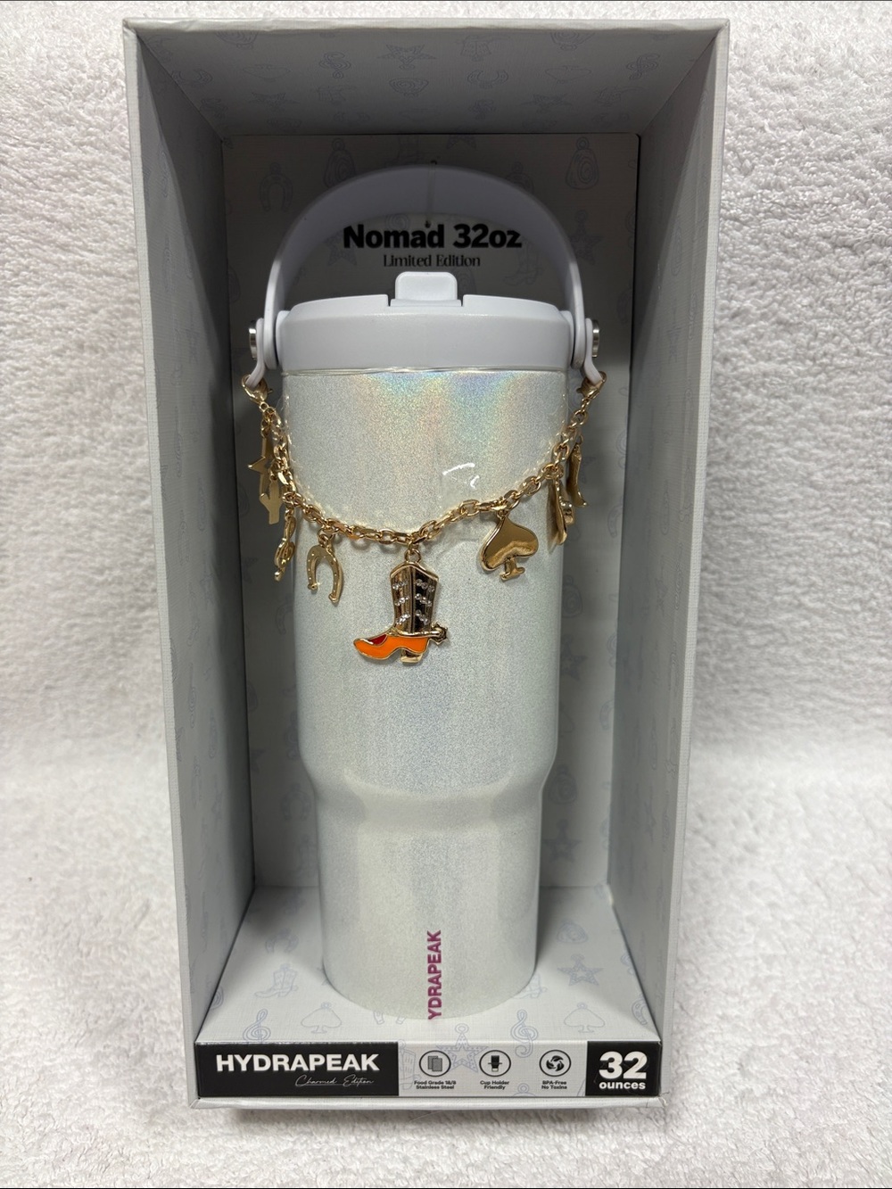 Nomad Iridescent White 32oz Tumbler with Gold Charm Chain